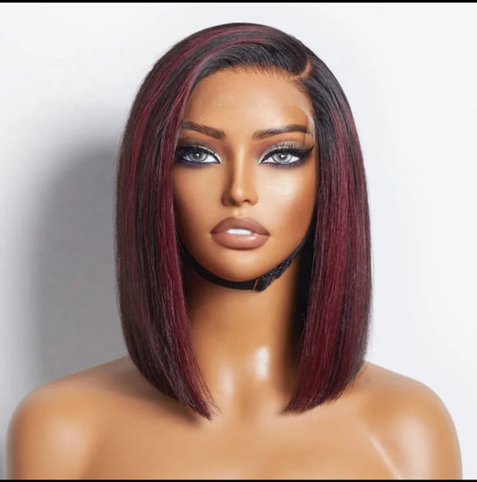 | Dark Red Highlights Silky Blunt Cut C part Glueless Wig