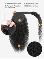 Curly Ponytail Extensions with Claw Clip Natural Black Human Hair - Image 4