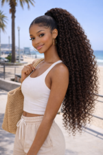 Clip-In Loose Deep Wave Ponytail Extension 100% Human Hair Natural Black