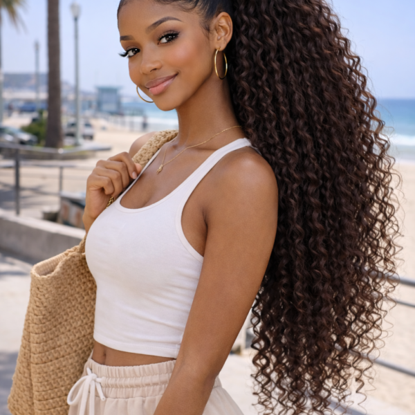 Clip-In Loose Deep Wave Ponytail Extension 100% Human Hair Natural Black