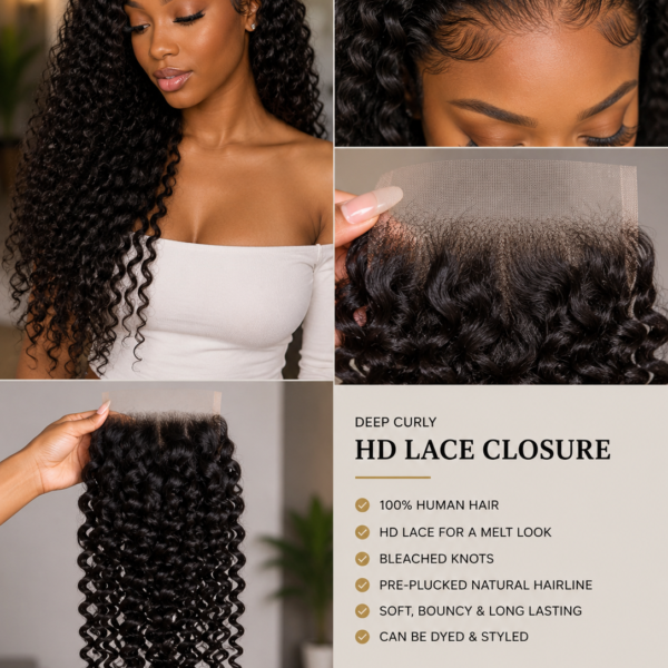 Invisible Water Wave HD Lace Closure – 5x5 Pre-Plucked Human Hair Curly Closure