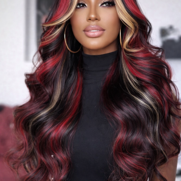 Burgundy With Blonde Highlights Lace Front Wig