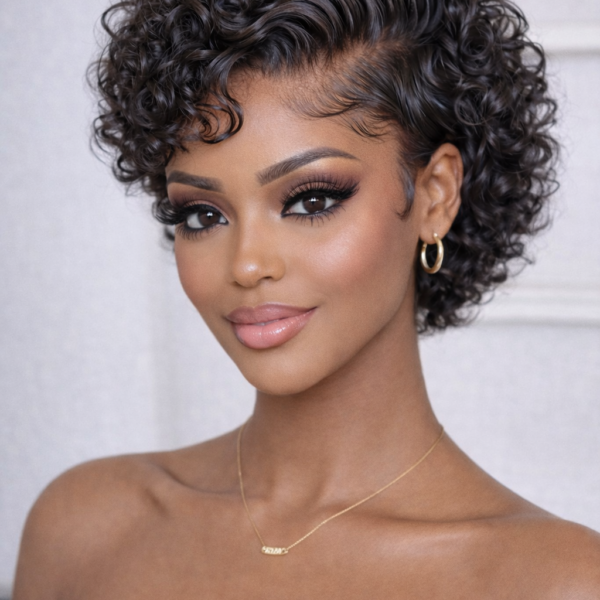 Short Curly Pixie  Glueless 13×4 Lace Front Wigs Brazilian Cut Curly Human Hair 180% Density Natural Color