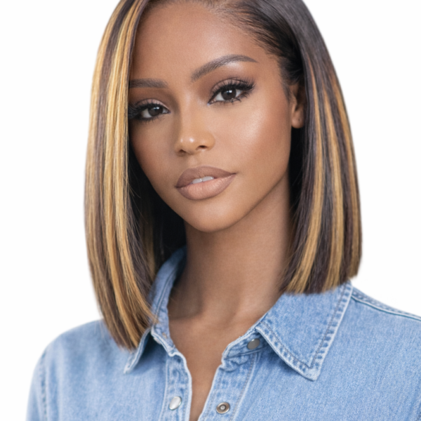 Ombre Brown Blonde Highlight Color Short Bob Straight Human Hair 13×4 Glueless Lace Wig Bleached Knots 12Inch