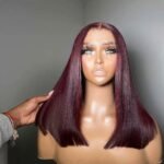 Silky Glueless Dark Burgundy Color 5x5 Bleached Knots Bob Wig Straight Human Hair 200% Density - Image 6
