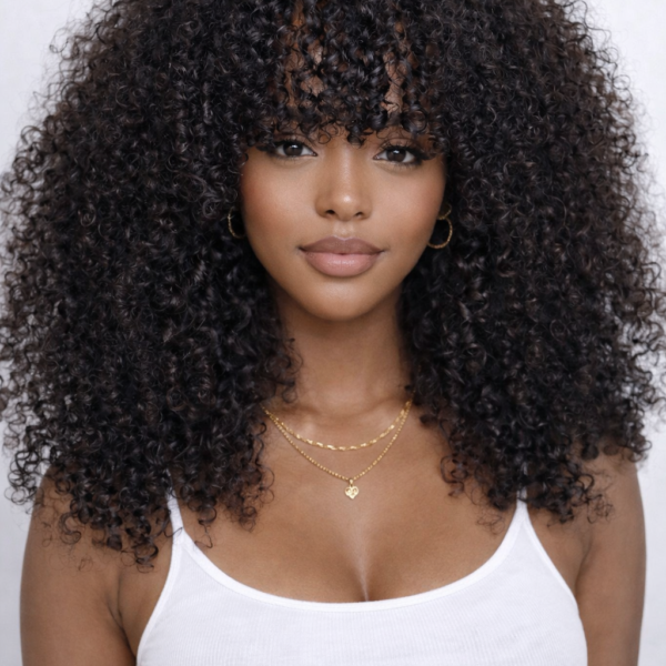 Fluffy Kinky Curly Human Hair Wig with Bangs Glueless  Wig 14inch. 4inch