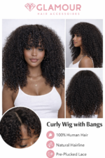 Fluffy Kinky Curly Human Hair Wig with Bangs Glueless  Wig 14inch. 4inch - Image 3