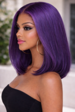 Pre-Plucked Purple Color Straight Lace Front Bob Wig - Image 2