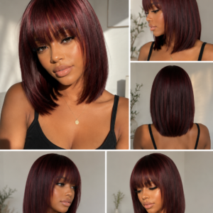 Burgundy Bob Wig with Bangs – Human Hair