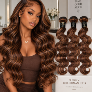 Body Wave Human Hair Bundles – Natural Brown with Caramel Highlights